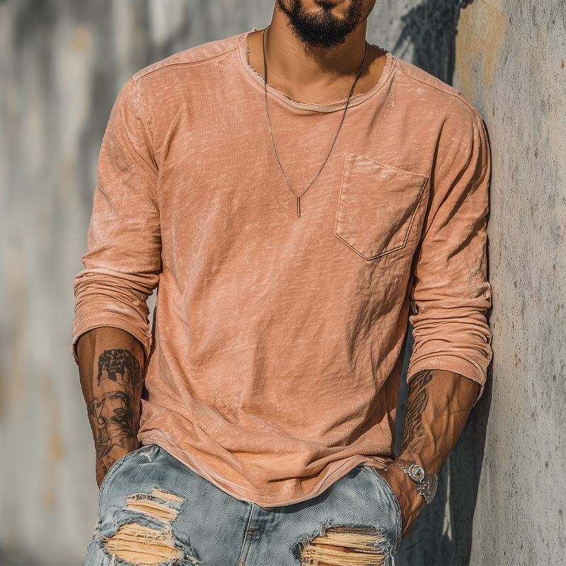 Men's Spring And Summer Casual Tough Guy Style Round Neck Raw Edge Bamboo Cotton Long Sleeve T-shirt MTA1664G4K