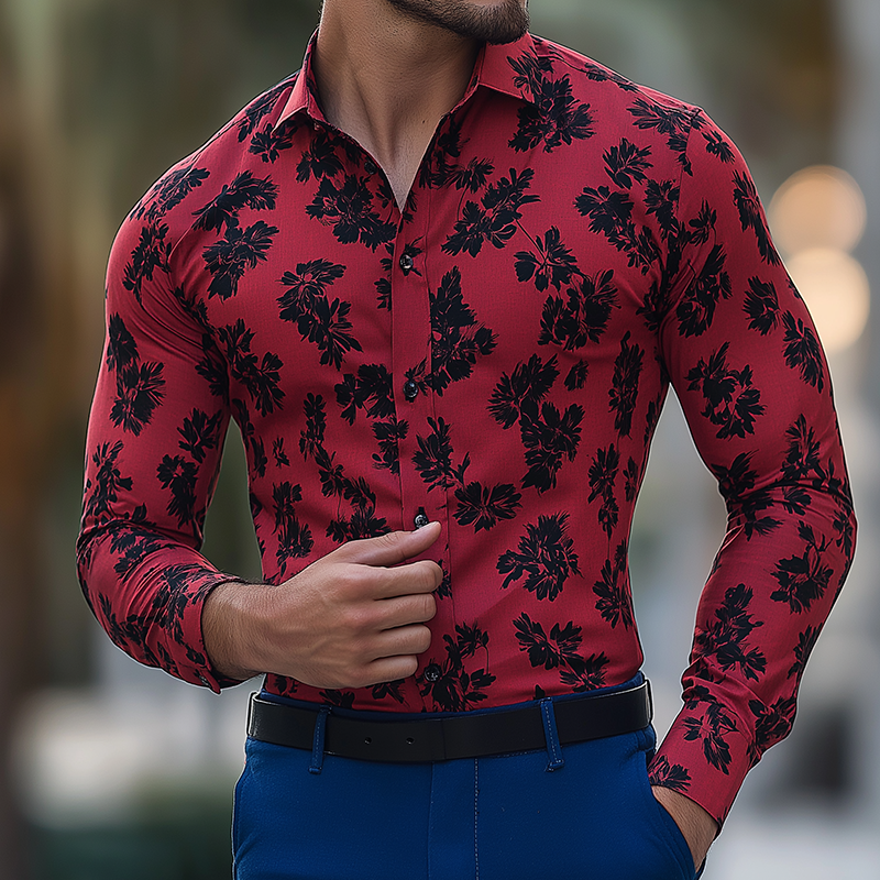 Men's Retro Casual Floral Print Lapel Long Sleeve Shirt MTA1379H2TO