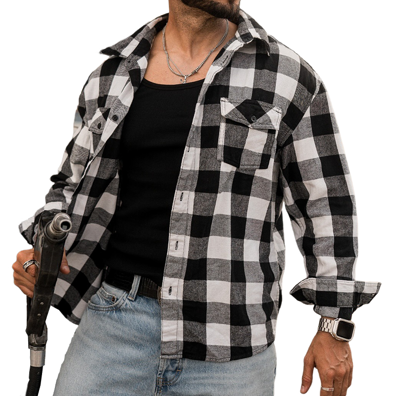 Men's Retro Casual Handsome Plaid Motorcycle Style Lapel Long Sleeve Shirt MTA2377G4TO