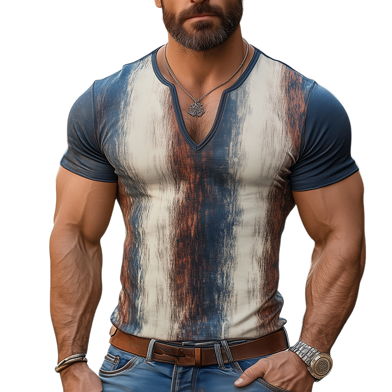 Men's Retro Casual Gradient Stripe Print V-Neck Short Sleeve T-Shirt MTA3045F0TO