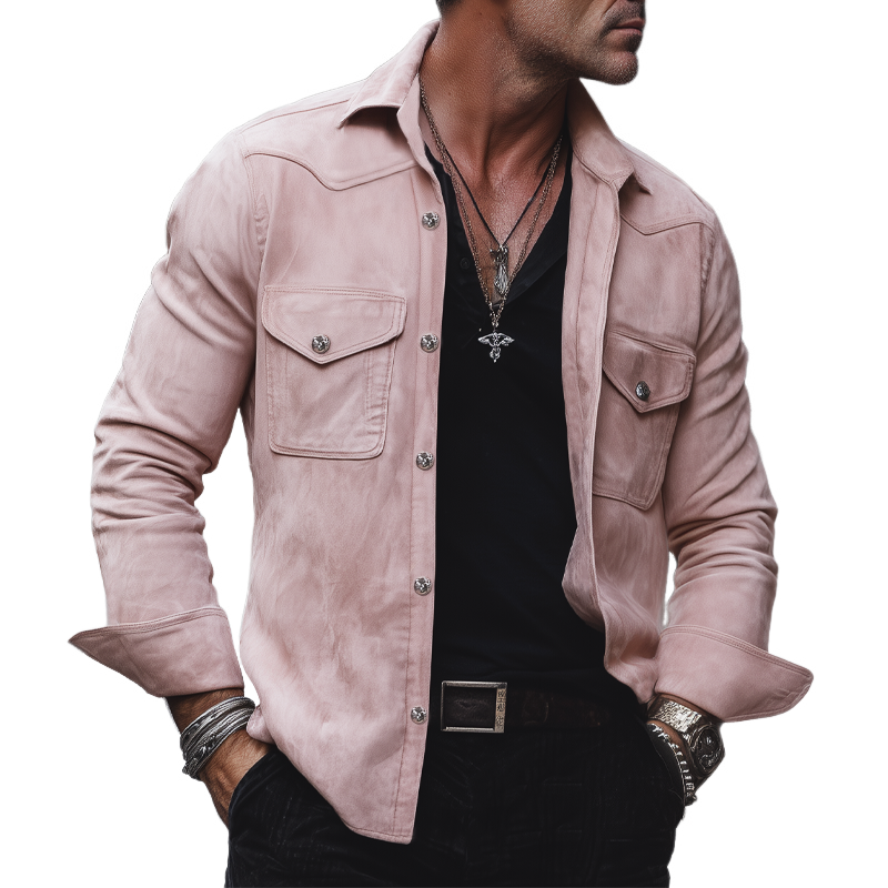 Men's Classic Suede Lapel Button-Down Long Sleeve Shirt MTA1524H2U