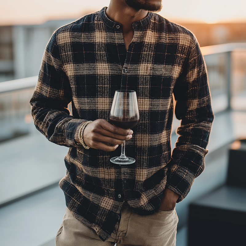 Men's Retro Casual Plaid Collarless Button-Down Long-Sleeve Shirt MTZ0577A6TO