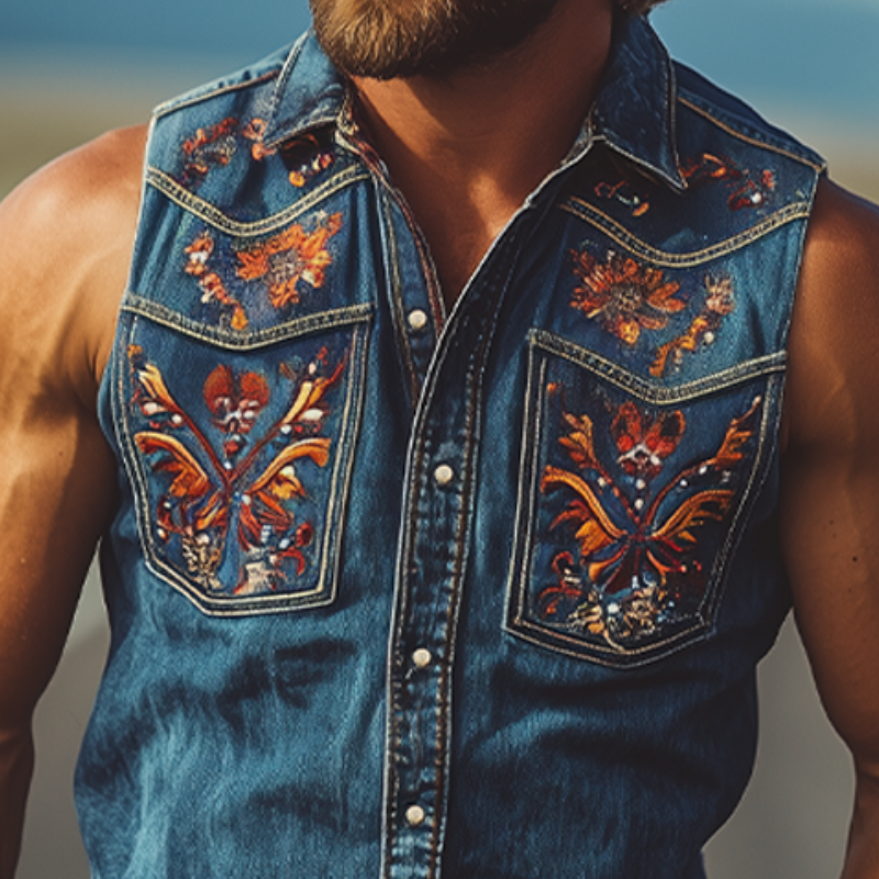 Men's Summer Fashion Retro Western Cowboy Style Denim Embroidery Sleeveless Shirt MTA2808D9K