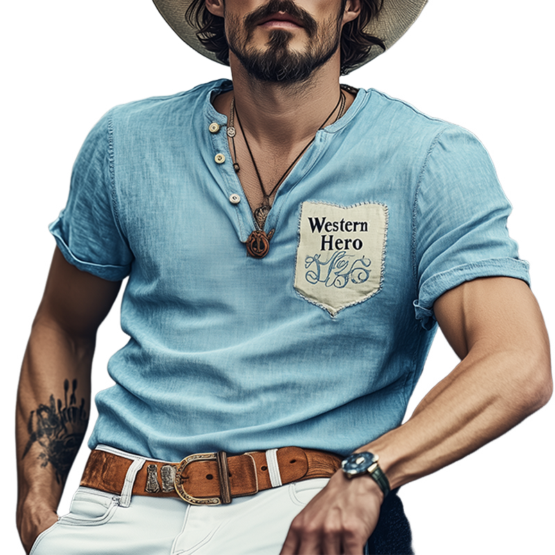 Men's Spring And Summer Fashion Casual Western Cowboy Style Tencel Denim Patchwork Embroidery Henry Collar Short Sleeve T-shirt MTA1686E3K