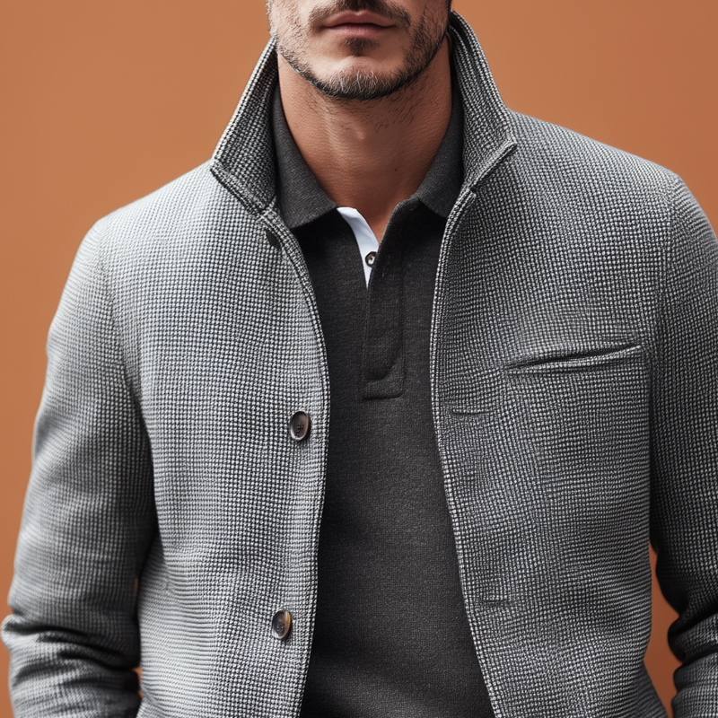 Men's Small Square Fabric Stand Collar Single Breasted Casual Jacket MTA2056H9Z