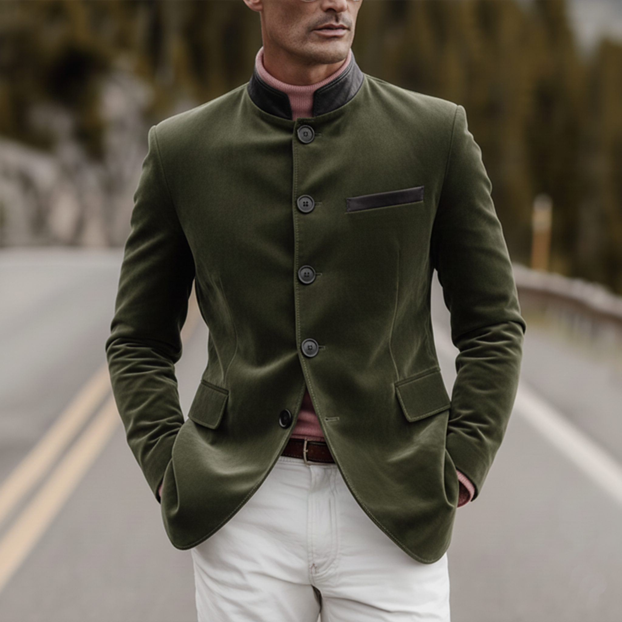 Men's Classic Retro Western Stand Collar PU Leather Slim Fit Faux Suede Jacket MTA2388J3K