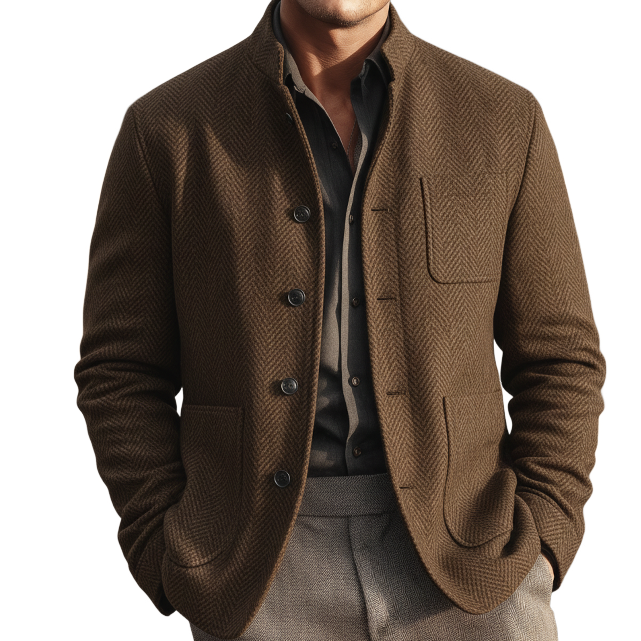 Men's Classic Casual Stand-up Collar Multi-pocket Herringbone Faux Wool Jacket MTA2241I5K