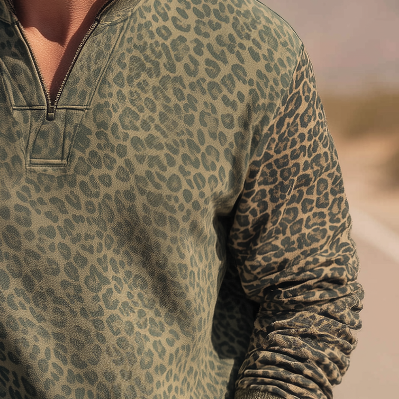 Men's Vintage Leopard Print Cotton Blend Stand Collar Sweatshirt MTA1435H1P