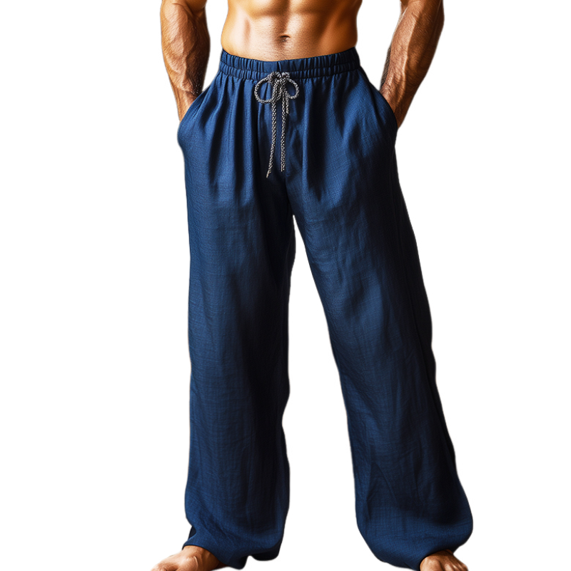 Men's Retro Casual Solid Color Linen Beach Drawstring Straight Pants 97227958TO