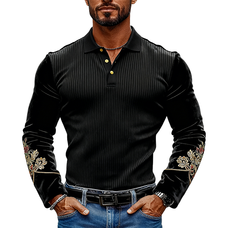 Men's Velvet Embroidered Collared Knit Long-Sleeve Polo Shirt MTA2160K6X