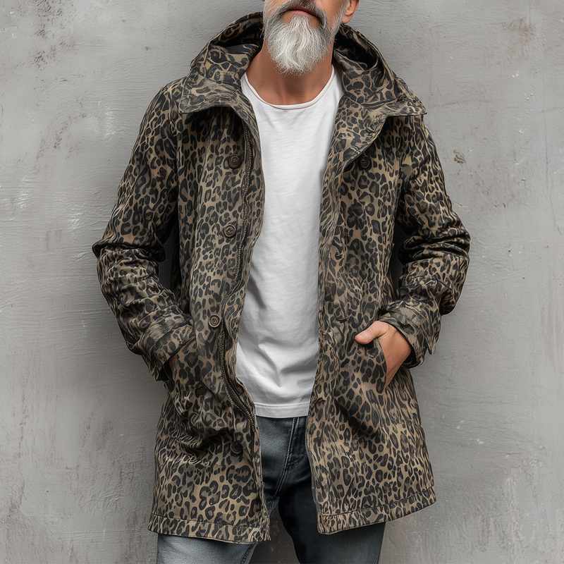 Men's Leopard Hooded Mid-length Casual Coat MTA1358H2Z
