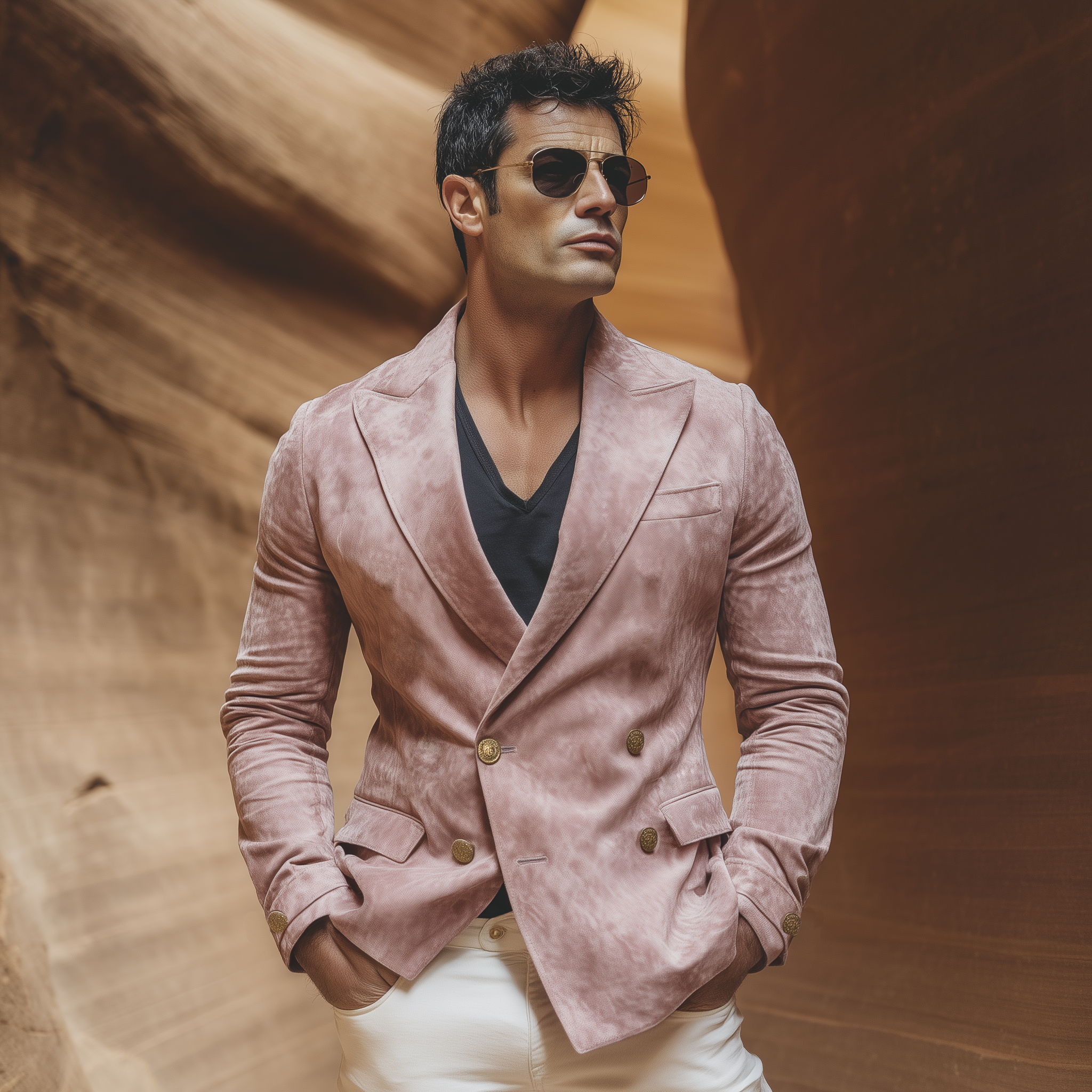 Men's Classic Retro Western Style Double-breasted Pink Suede Slim-fit Blazer MTA2135H8K