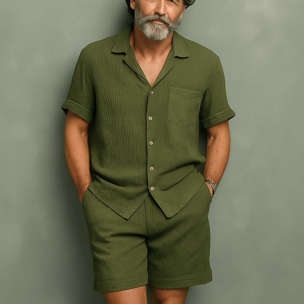Men's Summer Fashion Solid Color Wave Texture Polyester Short Sleeve Suit  MTA0249G9P