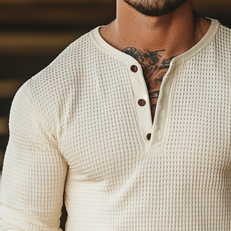 Men's Retro Casual Waffle Henley Neck Long Sleeve T-Shirt MTA1910H5TO