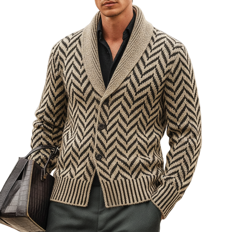 Men's Classic Light Khaki Zigzag Jacquard Lapel Knit Cardigan MTA2111J4U