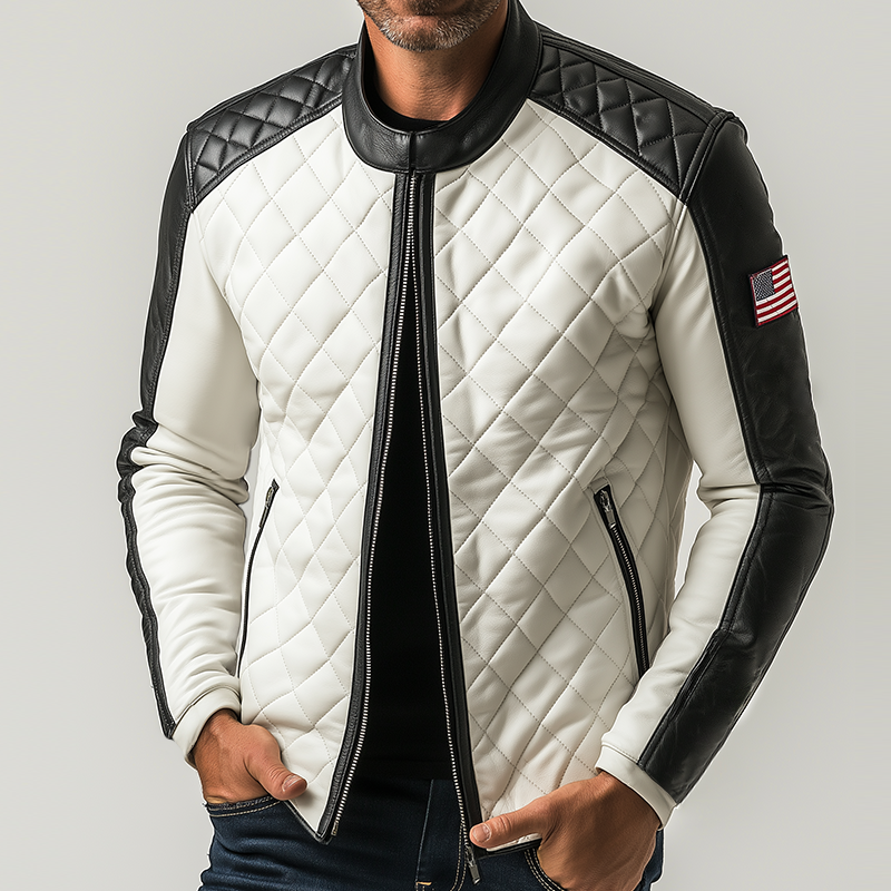 Men's Retro Casual Motorcycle Style Diamond Check PU Stand Collar Leather Jacket MTA2185H3TO