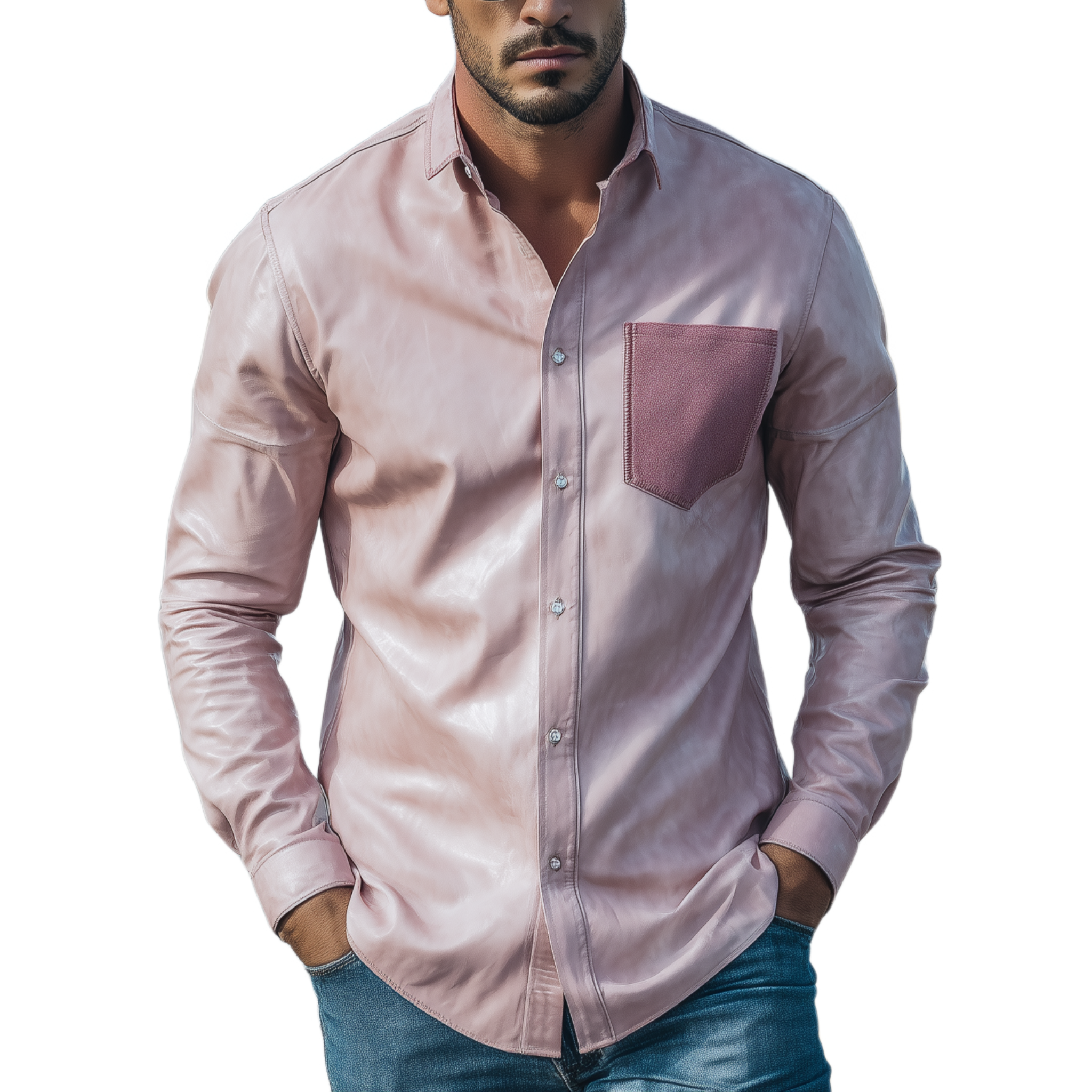Men's Classic Casual Pocket Suede Slim Fit Pink Pu Leather Long Sleeve Shirt MTA1546H7K