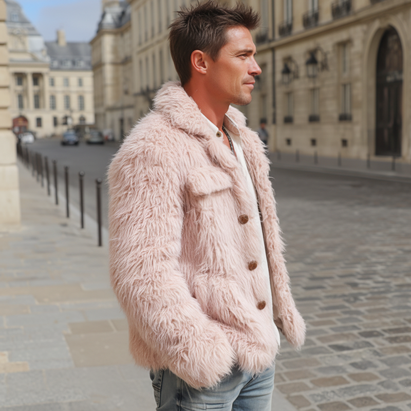 Men's Urban Fashion Light Pink Faux Fur Button Jacket MTA1788J7U