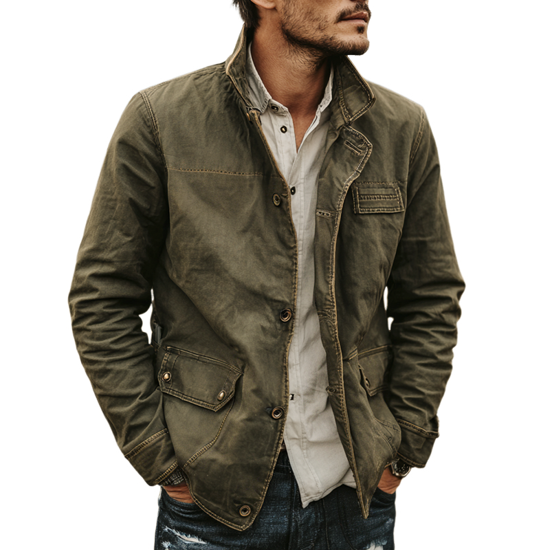 Men's Washed Cotton Stand Collar Multi-pocket Cargo Jacket MTA0168I1Z