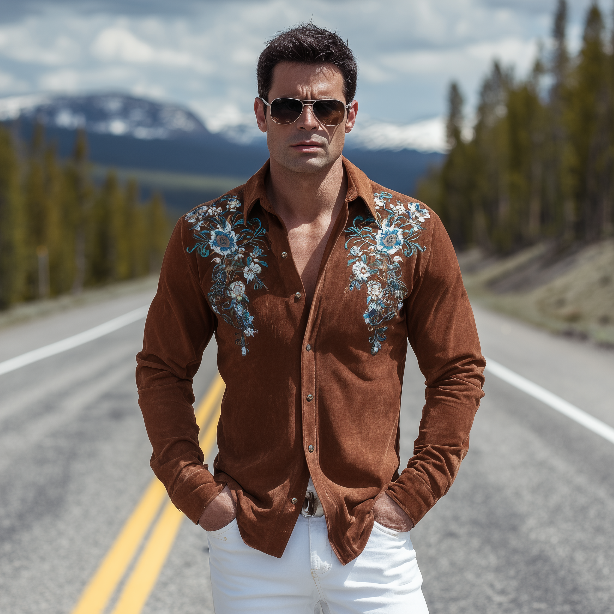 Men's Classic Retro Western Suede Embroidered Slim Fit Long Sleeve Shirt MTA1438H7K