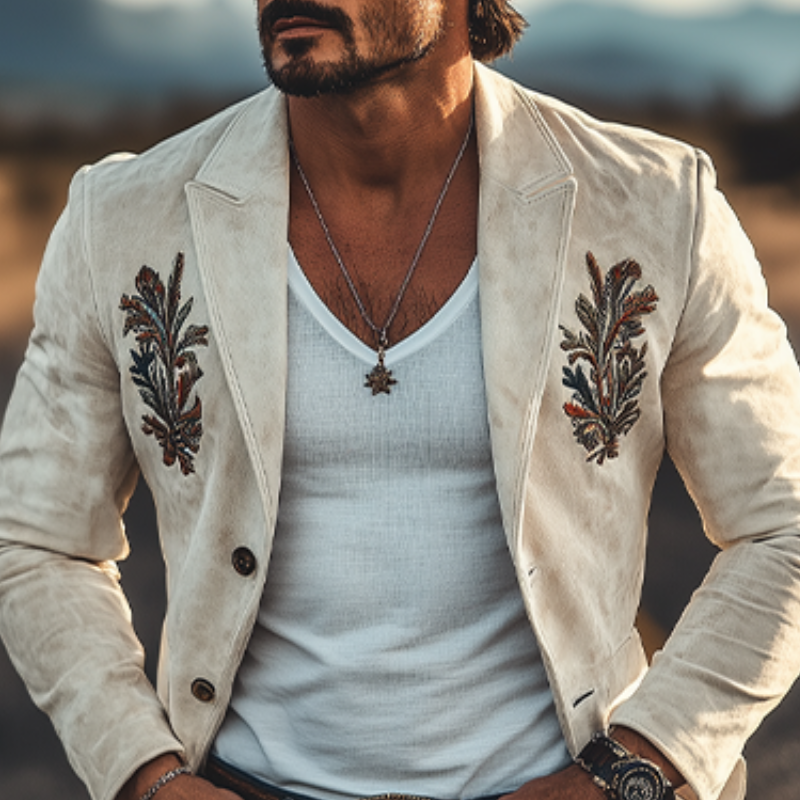 Men's Fashion Spring and Summer American Western Style Suede Embroidered Blazer 06689799K