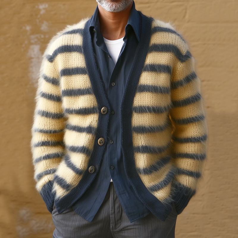 Men's Classic Colorblock Striped V-Neck Plush Knit Cardigan MTA3040H0U