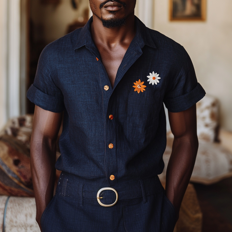 Men's Casual Daisy Embroidery Linen Lapel Slim Fit Short Sleeve Shirt MTA0807E6M