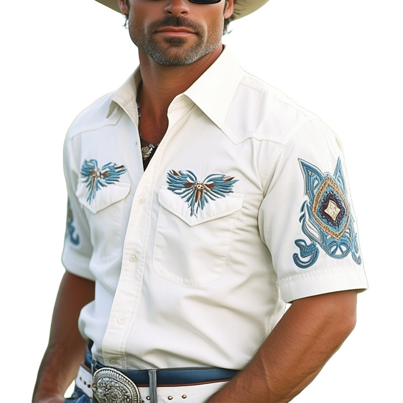 Men'S Western Cowboy Style Vintage Embroidered Short Sleeve Shirt MTA1283E2U