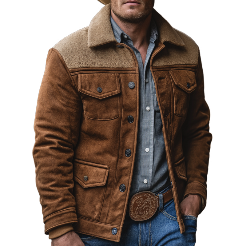 Men's Retro Casual Fleece Patchwork Lapel Button Jacket MTA0449K4TO