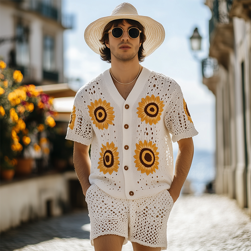 Men's Spring And Summer Fashion Leisure Vacation Style Knitted Hollow Flower Short-sleeved Shirt Elastic Waist Shorts Set MTA2167F2K