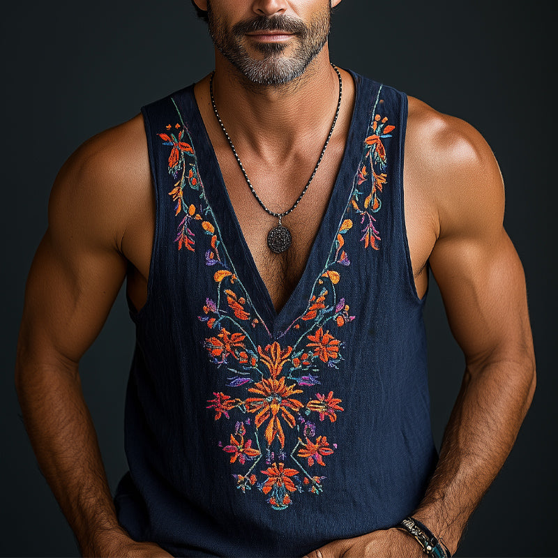 Men's Deep V-neck Vintage Floral Embroidered Cotton and Linen Tank Top MTA3063D1U