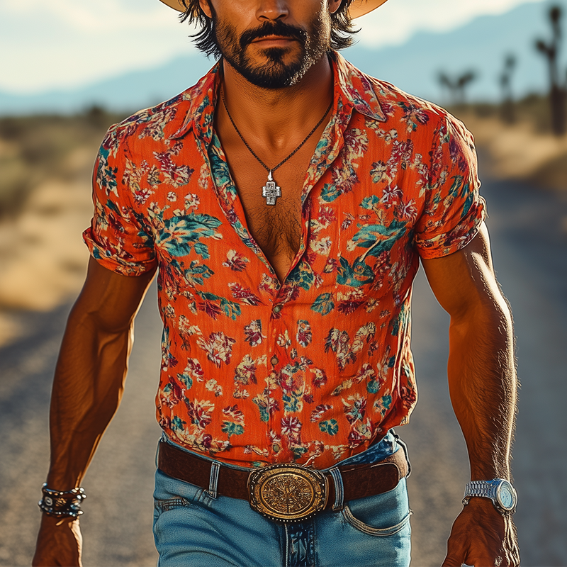Men's Floral Print Cotton Blend Short Sleeve Shirt MTA2946G8P