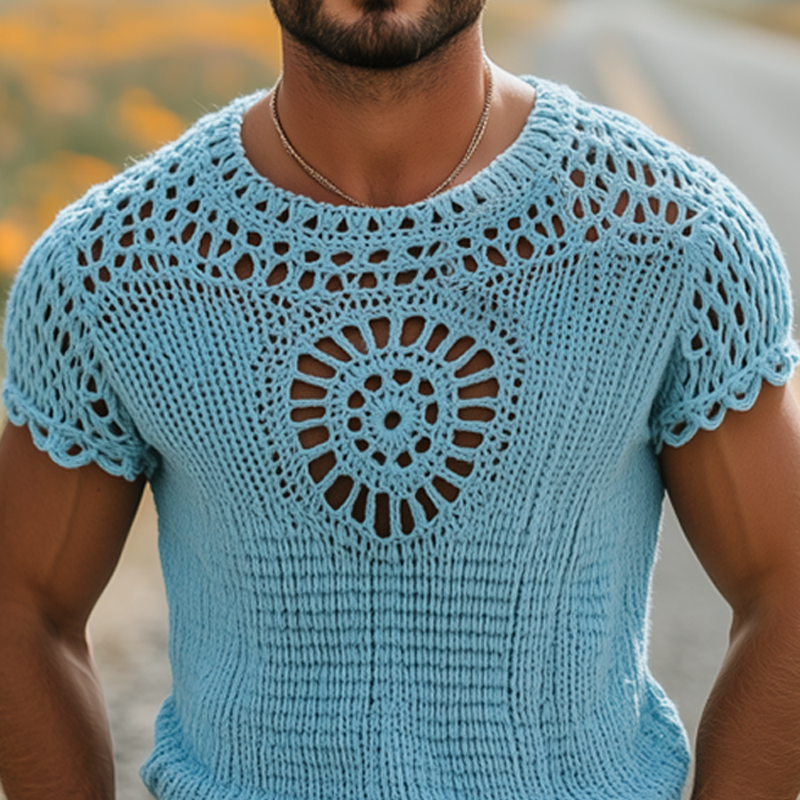 Men's Summer Fashion Casual Hollow Crochet Round Neck Knitted Short Sleeve T-shirt MTA2791F1K