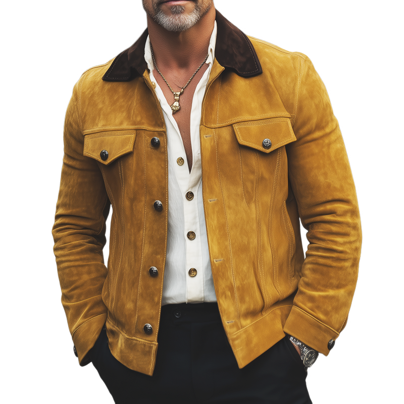 Men's Vintage Colorblock Collar Button Suede Jacket MTA2224H5U