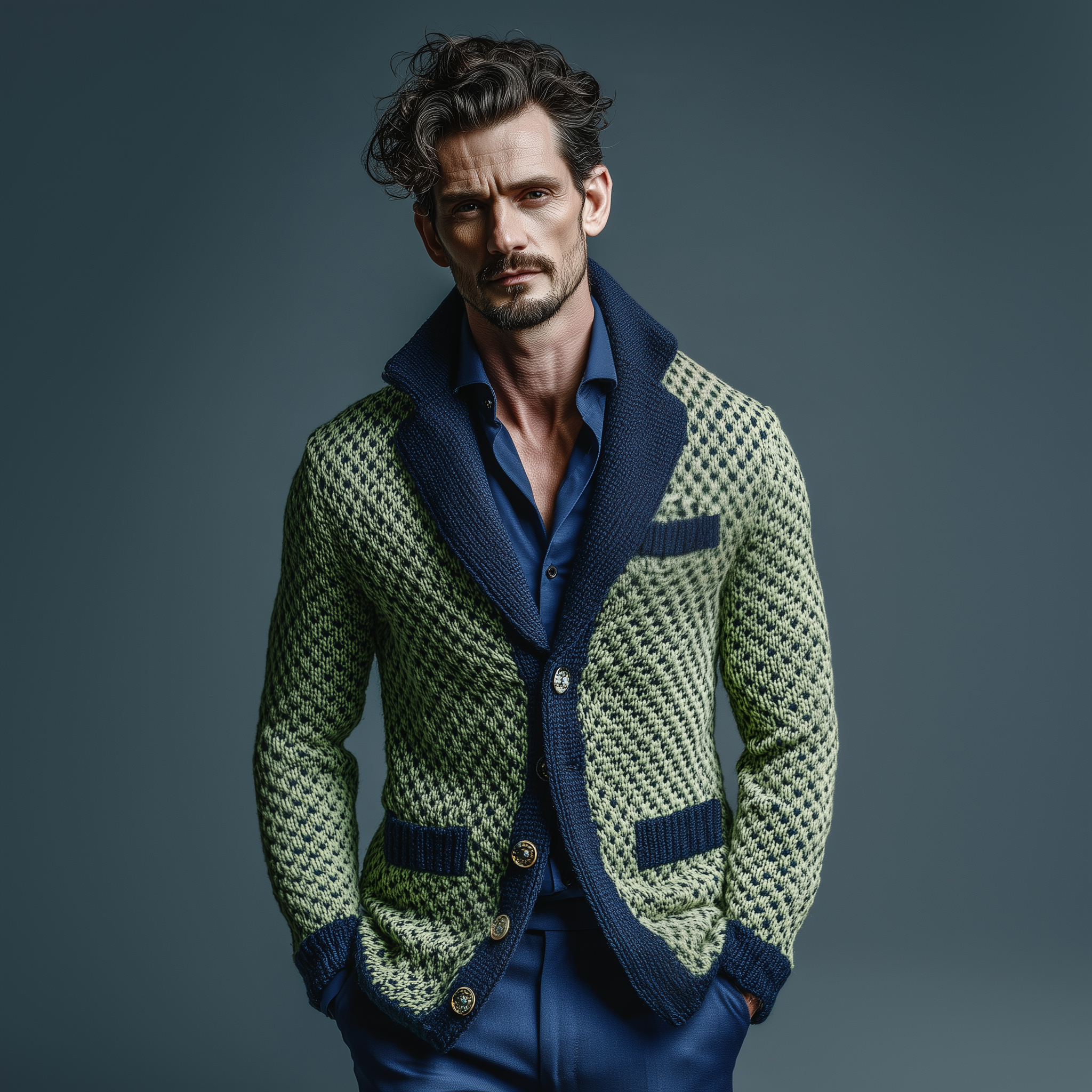 Men's Classic Casual Lapel Green And Navy Blue Slim Jacquard Knit Cardigan MTA2659I6K