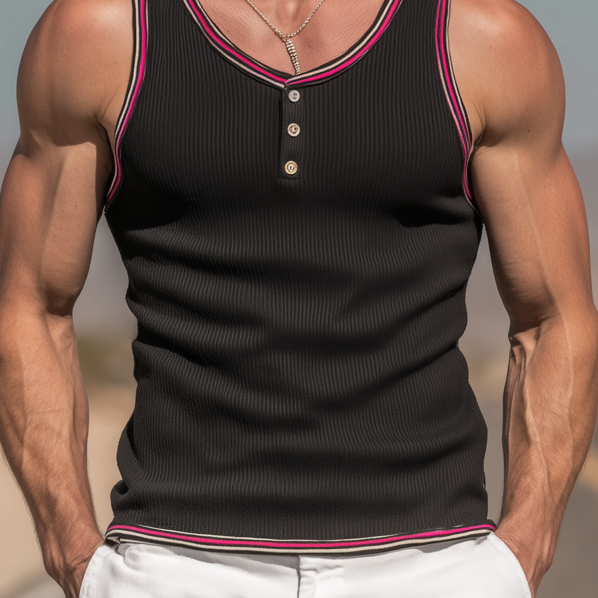 Men's Spring And Summer Fashion Casual Striped Knitted Splicing Colored Ribbon Slim Fit Henley Collar Tank Top MTA1720G6K