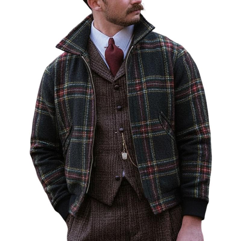 Men's Autumn And Winter Classic Plaid Zippered Short Jacket MTA3060I0U