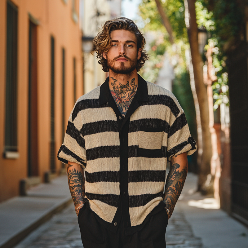 Men's Striped Knitted Three-Quarter Sleeve Shirt MTA2025F7X