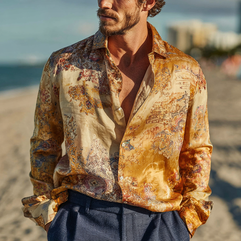 Men's Floral Print Satin Lapel Long Sleeve Shirt MTA1686G6Z