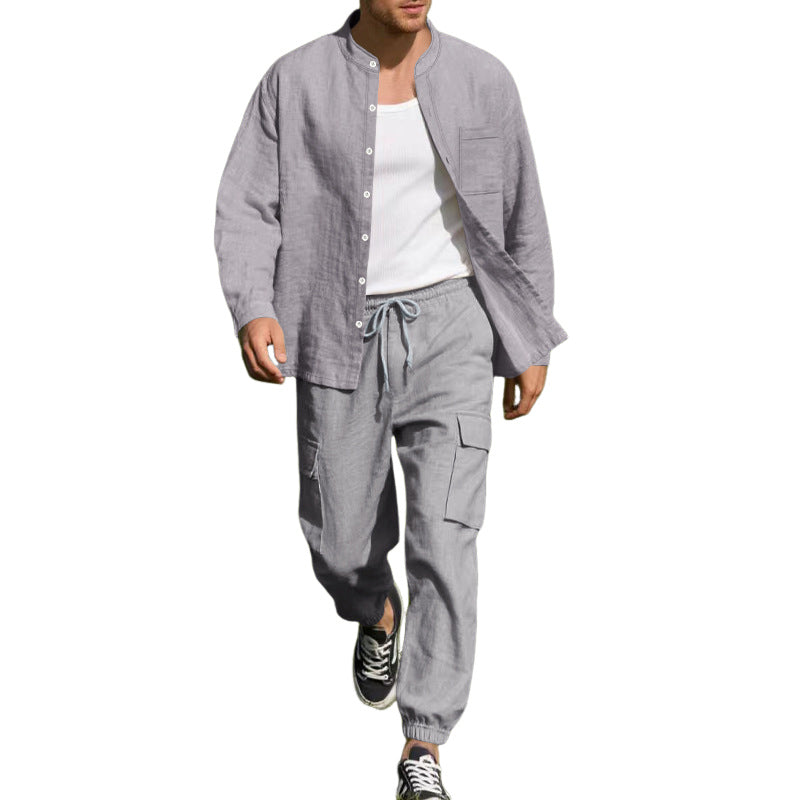 Men's Casual Cotton And Linen Long-Sleeved Trousers Two-Piece Set MTA0653E1X