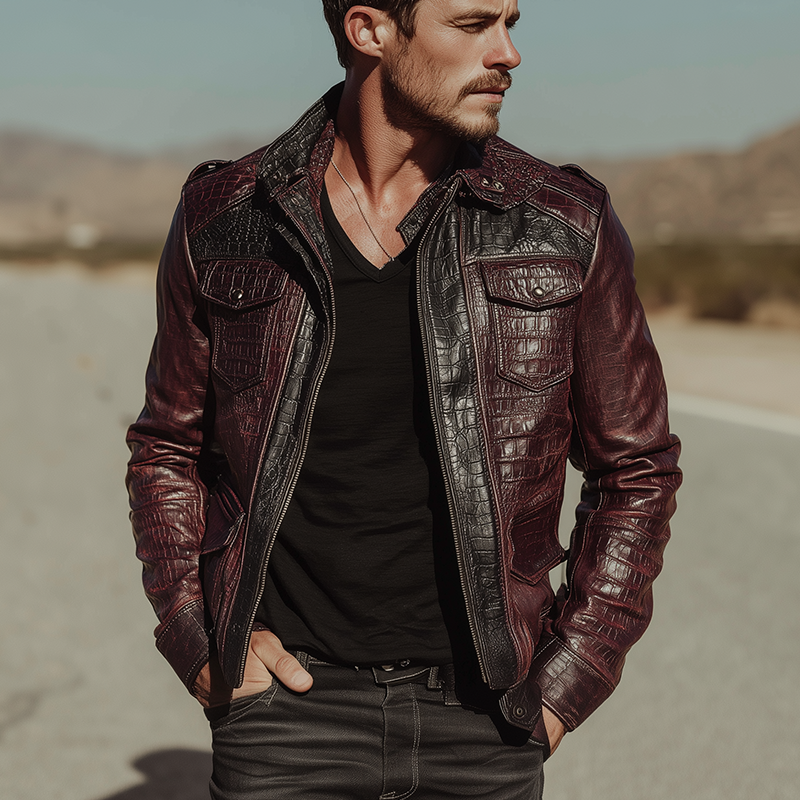 Men's Winter Western Cowboy Style Imitation Crocodile Leather PU Splicing Jacket MTA1893I0P