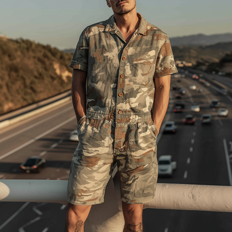 Men's Spring And Summer Fashion Casual Camouflage Cotton Blended Short Sleeve Shirt-style Jumpsuit MTA1007G4K