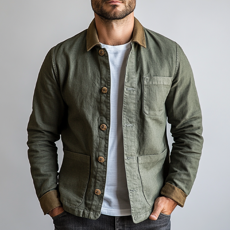 Men's Casual Contrast Lapel Cotton Blend Single-Breasted Jacket MTA2206I4X