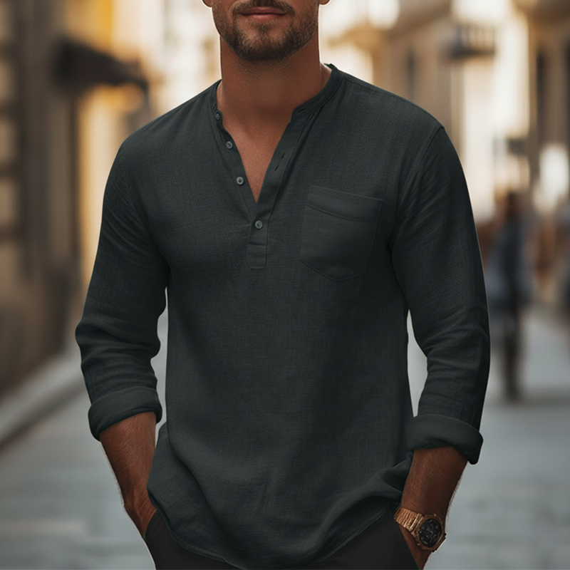 Men's Spring Fashion Pure Cotton Long-sleeved Henley Shirt MTZ2071A2P