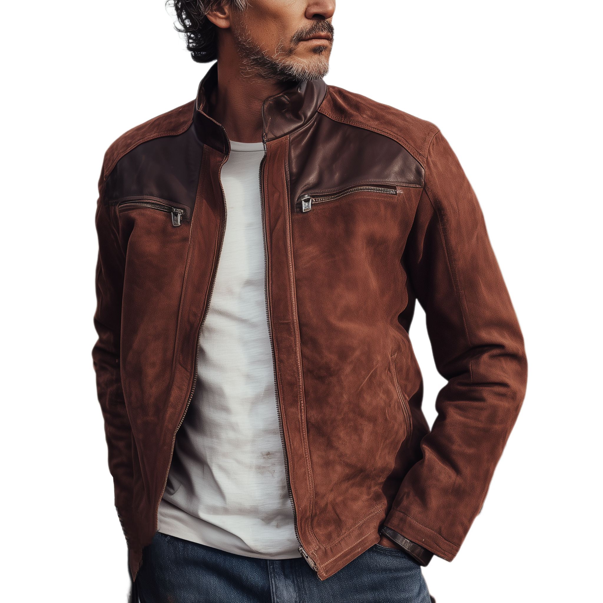 Men's Classic Western Retro Tough Style PU Leather Stand Collar Zipper Suede Jacket MTA0584I1K