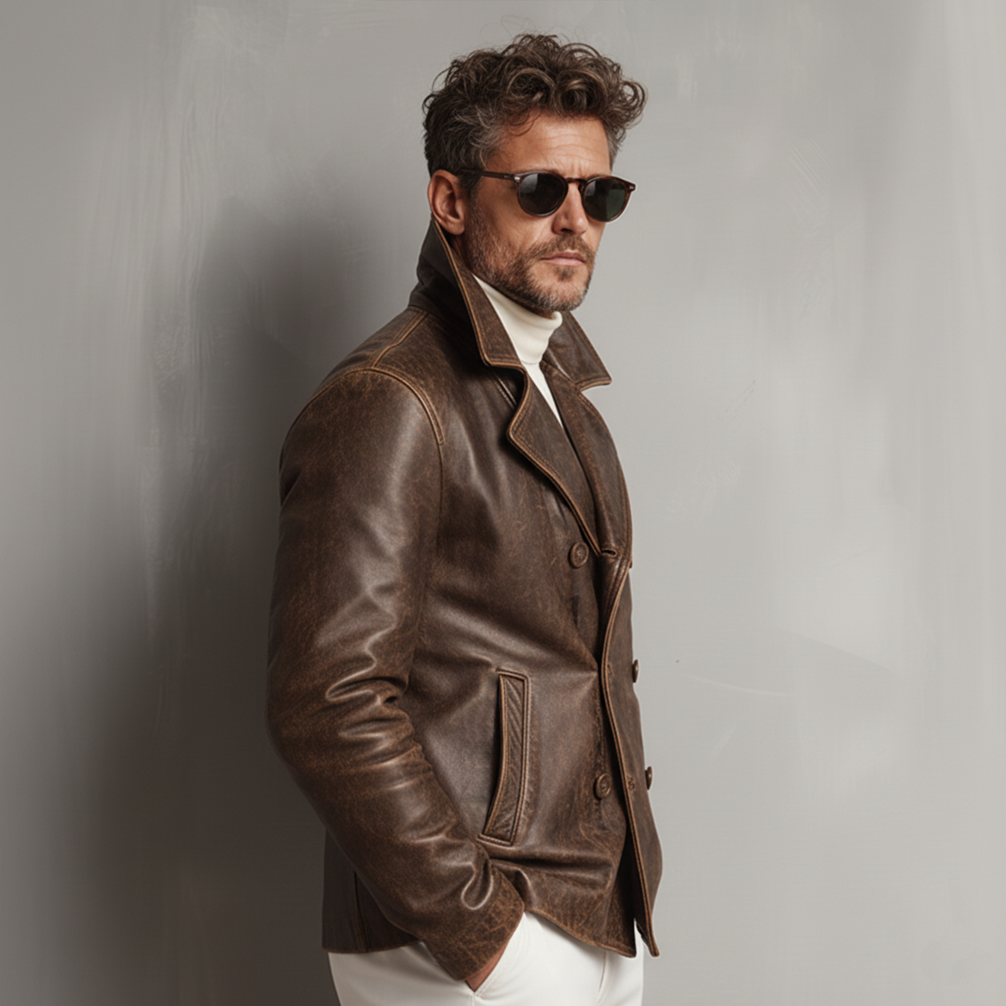 Men's Classic Vintage Distressed Lapel PU Leather Double-breasted Jacket MTA2205J0K