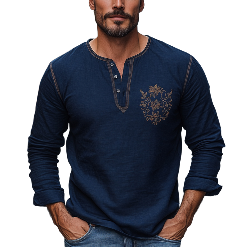 Men's Navy Blue Cotton and Linen Embroidered Henley Collar Long Sleeve T-Shirt 10707618U