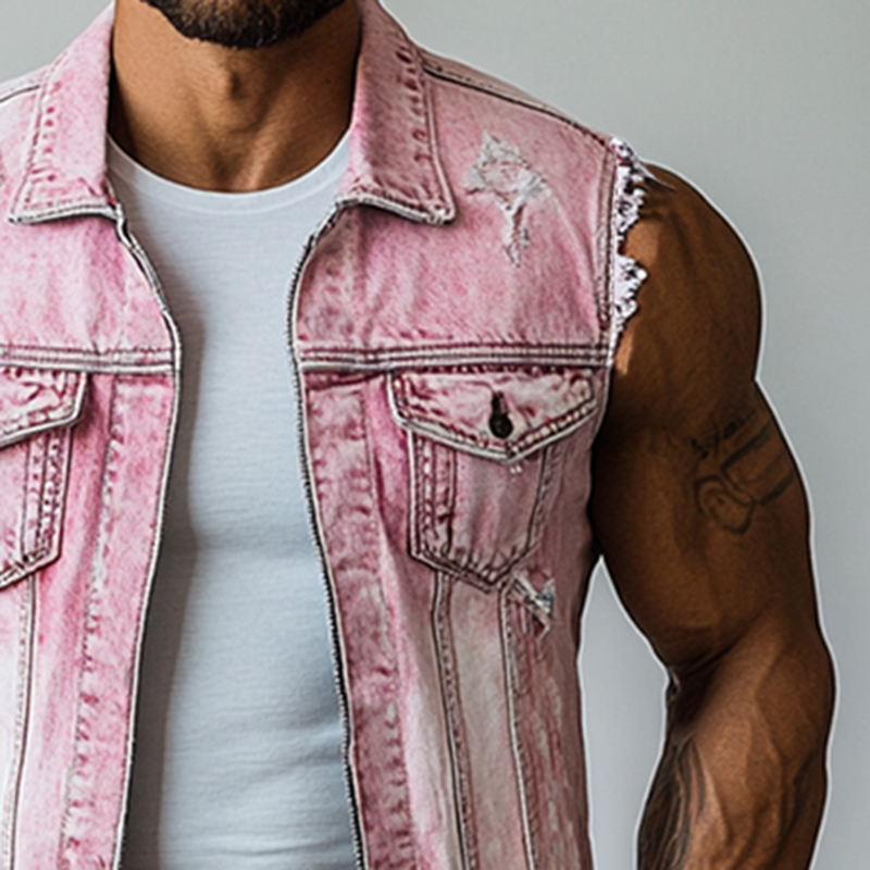 Men's Lapel Sleeveless Ripped Zipper Denim Vest MTA1360F9Y