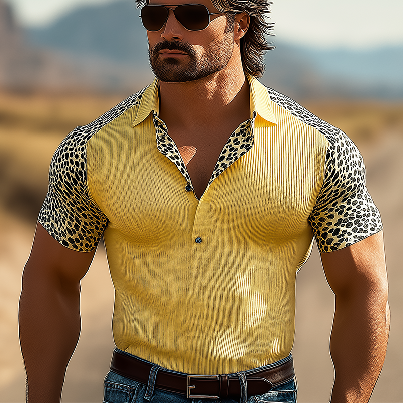 Herre sommer pustende leopardprint strikket stretch kortermet poloskjorte MTA0517F1P