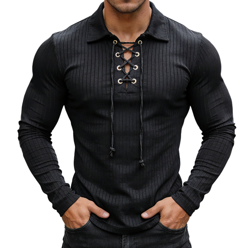 Men's Retro Casual Striped Lapel Long-Sleeve T-Shirt MTA0515L1TO